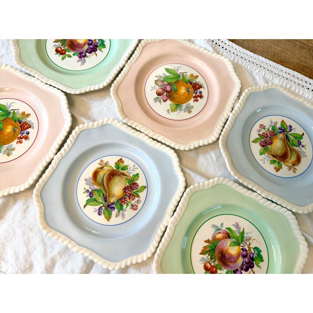 Johnson Bros Old English 6 Pastel Fruit Dessert Plates Green Pink Blue England - Picture 2 of 9